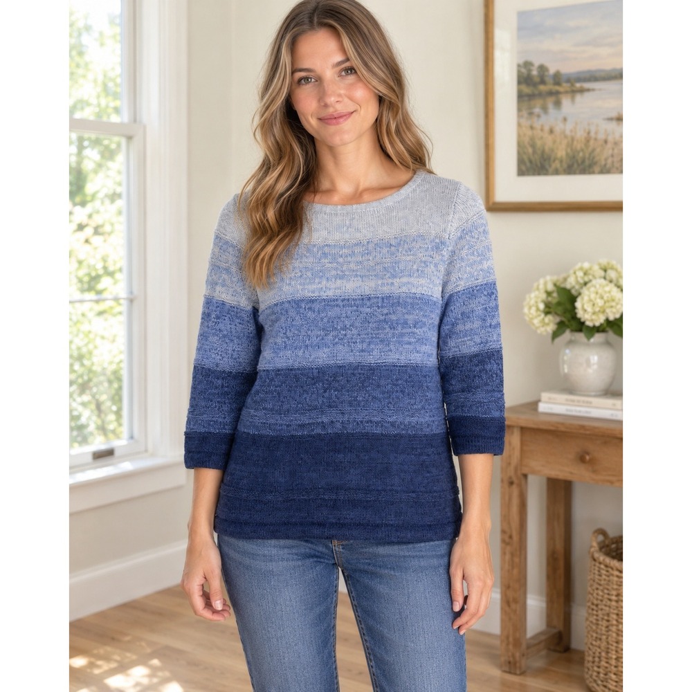 L.L.Bean Women Ombre Striped 3/4 Sleeve Knit Sweater‎ Pullover Blue M Classic